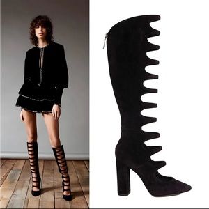 Saint Laurent Black Suede Cages Cut-Out Joplin Knee Boots Size 37.5